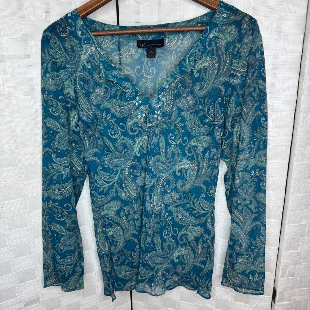 INC International Y2K 100% Silk Paisley Beaded V-Neck Sheer Blouse Size 4